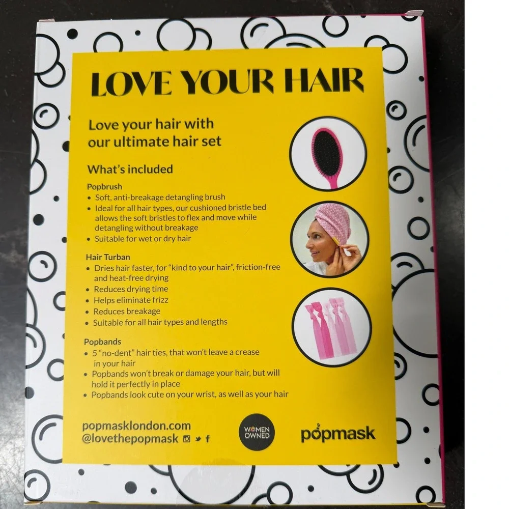 Popmask Love Your Hair Ultimate Set Pink Detangling Brush‎ Turban Hair Ties NEW